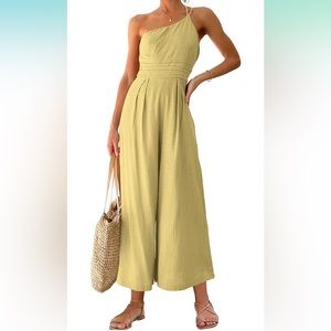 Mustard Wide-leg One Shoulder Jumpsuit with Pockets